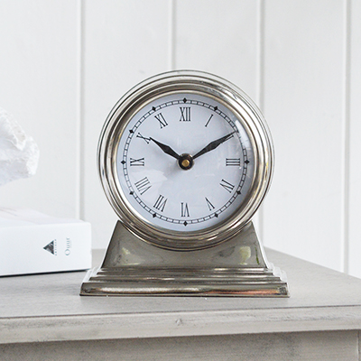 Kensington silver Mantel Clock for New England interiors and furniture for coastal, country cottage and city homes